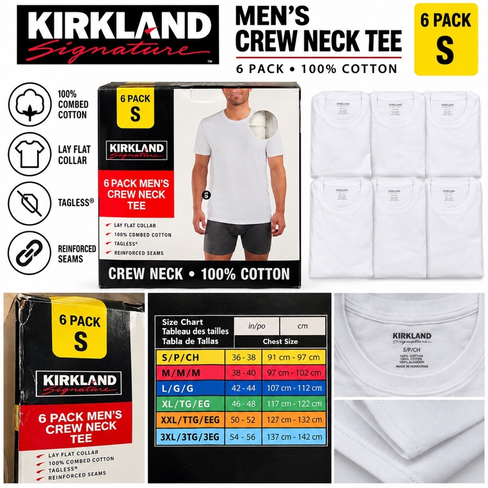 Kirkland Signature Men’s Crew Neck Tee — White (6-Pack)